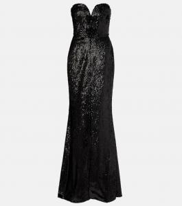 Платье без бретелек из смесового шелка с пайетками Elie Saab, черный