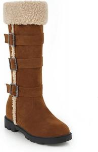 Женские высокие зимние сапоги Bcshiye с массивным каблуком до колена, теплые и удобные, замшевые с искусственным мехом, на пряжке, с круглыми носками, для верховой езды, Yellow