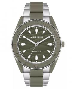 Женские кварцевые часы с тремя стрелками, серебристого и оливково-зеленого цвета, с пластиковым браслетом Solar Oceanwork, 38,5 мм Anne Klein