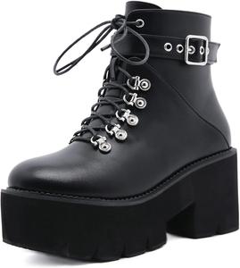 Женские ботинки на платформе FufoneUS в готическом стиле с застежкой-пряжкой, байкерские ботильоны с массивным каблуком, удобные короткие ботинки, Black