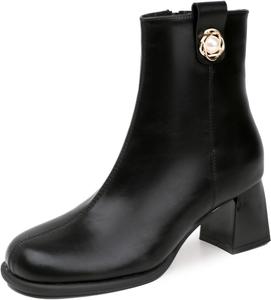 Женские ботильоны на массивном каблуке 8 см, ботинки с боковой молнией и круглым носком, зимняя теплая повседневная обувь Azttoztto, Black With Fleece