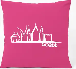 Подушка для дивана "Soest Skyline" от Hellweg Printing Office, подарочная, 40x40 см, с хлопковым наполнителем цвета фуксии, сувенир Soest Hellweg Druckerei
