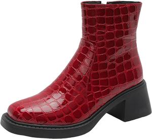 Женские боевые ботинки на щиколотку, мода, кожа, квадратный носок, массивный каблук, боковая молния, повседневные ботильоны, классическая платформа, противоскользящие рабочие короткие ботинки для женщин, удобные ботинки на каблуке, слипоны Generic, Red