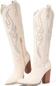 Женские ковбойские сапоги Celbreez, женские сапоги-ковбойки, замшевые сапоги до колена, украшенные стразами и вышивкой, вестерн-сапоги с заостренным носком, массивным каблуком и боковой молнией, обувь для фестивалей и кантри-концертов, Beige