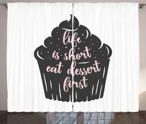 Шторы ABAKUHAUS в деревенском стиле с цитатой, силуэт торта в горошек, шторы из тесьмы со сборками, петлями и крючками, 280 x 175 см, цвет: антрацитово-серый, пудрово-розовый Abakuhaus