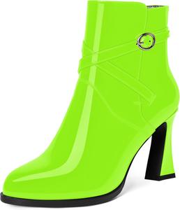 Женские ботильоны WAYDERNS с регулируемым ремешком и пряжкой, лакированные, повседневные, с круглым носком, на высоком блочном каблуке 3,3 дюйма, Lime Green