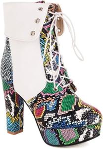 Женские ботильоны Aflngle с принтом под змеиную кожу, массивным высоким каблуком, круглым носком, шнуровкой, платформой и короткие с заплатками, White