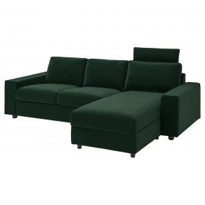3-местный диван с шезлонгом VIMLE IKEA, цвет with wide armrests with headrest/djuparp dark green