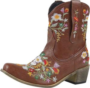 Generic Женские ковбойские ботинки с комфортным средним каблуком, вышитые ретро-туфли с заостренным носком, западные ботильоны на низком каблуке (черные, 35 EU)