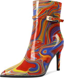 Женские ботильоны Soireelady с заостренным носком и высоким каблуком, украшенные бисером, короткие ботинки с металлической пряжкой и боковой молнией, каблук 10 см, Heatmap