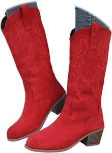 Женские ковбойские сапоги Женские высокие сапоги до колена Заостренный носок и массивный каблук Ковбойская замша с вышивкой Generic, Red