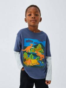 Детская футболка с длинным рукавом с принтом динозавра из хлопка John Lewis, Blue/Multi