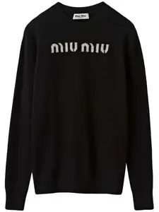 Кашемировый джемпер с жаккардовым логотипом MIU MIU, черный