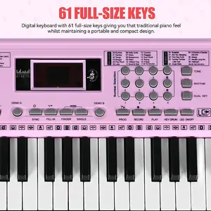 Цифровое пианино на 61 клавишу для детей - розовая клавиатура с подставкой, микрофоном и обучающими функциями OEM