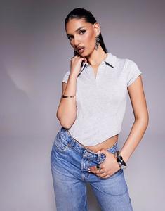 Топ ASOS DESIGN с короткими рукавами, воротником и корсетом в меланжевом сером цвете