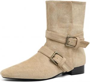 Женские стильные ботильоны с квадратным носком и пряжкой, на низком каблуке, для повседневной носки, короткие ботинки, размеры 4-16 США Wansseny, Beige