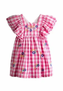 Платье в клетку с цветочным узором и вышивкой, прямого кроя. Jojo Maman Bébé, Bright Pink
