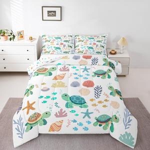 Erosebridal Комплект постельного белья Turtle с морскими животными в стиле каваи, яркий дизайн с рыбками, морскими звездами и кораллами, бирюзовый, Green