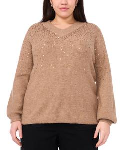 Уютный свитер больших размеров с V-образным вырезом, расшитый пайетками, с рукавами реглан Vince Camuto, Taupe