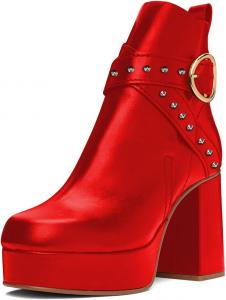Женские ботильоны YDN с круглым носком, на застежке с ремешком, с заклепками, на высоком блочном каблуке, зимние ботинки, размеры 4-15 US, Red