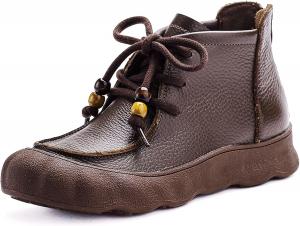 Женские ботильоны из натуральной кожи на шнуровке с круглым носком, ретро стиль, удобные, с меховой подкладкой, мягкой подошвой, на плоской подошве, повседневные, осенне-зимняя мода QIJOZXN, Brown