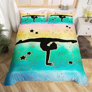 Erosebridal Комплект постельного белья Gymnast с блестками и тай-дай окраской, силуэты гимнасток, спортивный дизайн, Green Black Gold