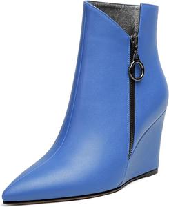 Женские ботильоны Eldof на танкетке с острым носком и молнией, короткие ботинки на каблуке 3,5 дюйма для ходьбы, Matte Blue