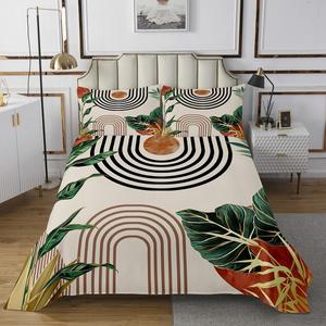 Erosebridal Комплект постельного белья Modern Mid Century Quilt Set в стиле бохо с абстрактным принтом из кирпично-красных полос и пальмовых листьев, Brick Red Green