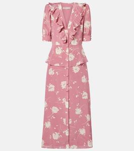 Шелковое платье миди с цветочным принтом и оборками Alessandra Rich, Pink-White