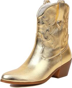 Женские металлические ковбойские ботинки Alsoloveu, западные ковбойские ботильоны с заостренным носком, короткие ботильоны на вытяжке, Gold