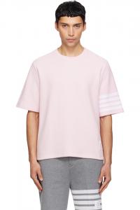 Thom Browne Розовая фактурная футболка пике с четырьмя полосами
