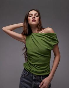 Топ Topshop с драпировкой и асимметричными плечами зеленого цвета