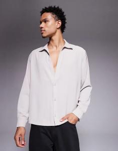 Свободная атласная рубашка с открытым воротом ASOS DESIGN бежевого цвета