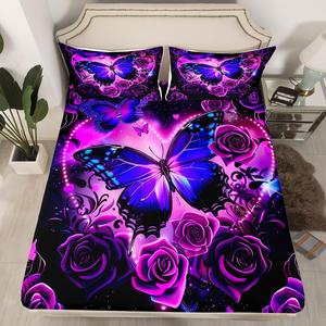 Erosebridal Простыня на резинке Butterfly Romantic Roses с цветочным принтом и бабочками, фиолетовая, Black Purple Blue