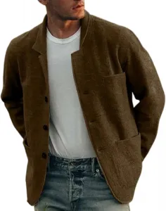 Мужской вязаный кардиган с карманами, длинными рукавами и отложным воротником
