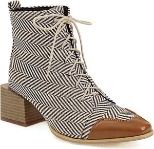 Женские классические ботильоны VOKLIN с квадратным носком, шнуровкой и западным стилем, грубый каблук средней высоты, элегантные короткие ботинки, Brown-Velvet Lined