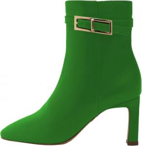 Женские кожаные ботильоны с металлической пряжкой, заостренным носком и массивным каблуком, элегантные ботинки для платья и повседневного стиля WINDBXYB, Green