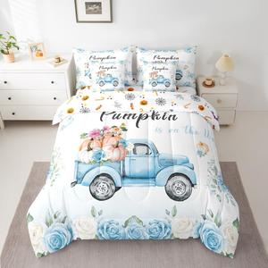 Erosebridal Комплект постельного белья Blue Pumpkin Truck с цветочным принтом для детей, осенняя коллекция, Blue White Green