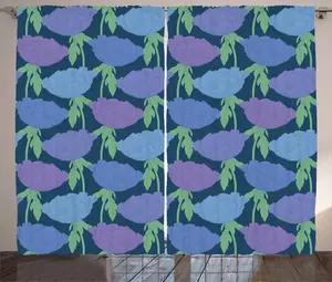 Штора в деревенском стиле Пион от ABAKUHAUS, стебли и листья древовидного пиона, присборенная штора для спальни с петлями и крючками, 280 x 245 см, цвет темно-синий, фиолетовый Abakuhaus