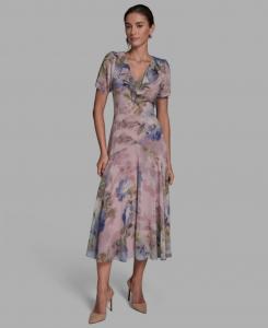 Женское платье-футляр миди с V-образным вырезом BCBG, Lilac/Saphire Blue Multi