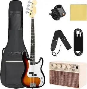 Unbranded Электрический бас-гитар 4 струны, комплект полного размера для начинающих, стандартный бас PB-стиля для старта с усилителем 20 Вт, сумкой, тюнером, ремнем, кабелем, цвет Сунберст