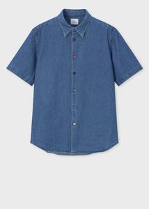 Разноцветная джинсовая рубашка с коротким рукавом на пуговицах