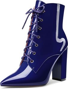 Женские ботильоны Aachcol, короткие ботинки с закрытым заостренным носком, на массивном высоком каблуке, лакированные, на шнуровке, каблук 4 дюйма, Navy Blue