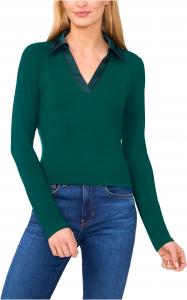 Топ CeCe Woven Collar Long Sleeve Knit Top, Dark Forest