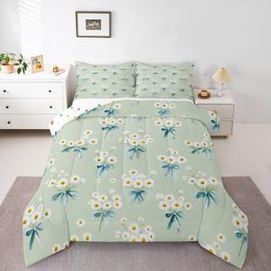 Erosebridal Комплект постельного белья Daisy Green Queen с бантами и цветочным принтом, реверсивный, Light Green