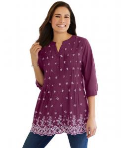 Женская туника больших размеров с вышивкой и складками Woman Within, Deep claret eyelet embroidery
