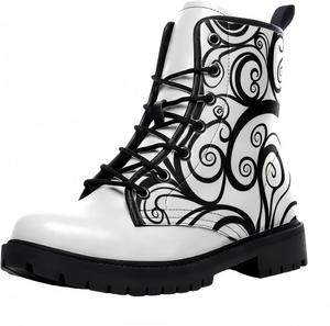 Женские короткие ботинки с принтом на шнуровке, с широким каблуком, боевые ботильоны для девушек и женщин, осенние и зимние, с рисунком роз, черепов, бабочек и мультяшных узоров Maimeili, Tree White