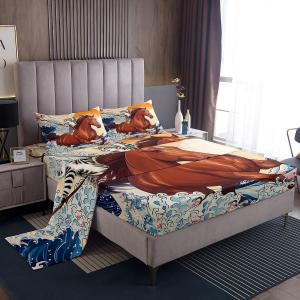 Erosebridal Комплект постельного белья Funny Anime с японской сакурой и морскими животными, Beige Navy Brown