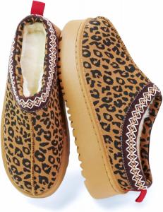 Женские платформенные тапочки Зимние мини-сапожки с противоскользящей подошвой, замшевые слипоны, женские кроссовки с меховой подкладкой для дома и улицы ELAHGEY, Platform Leopard