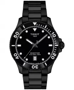 Мужские часы Swiss Seastar 1000 с черным PVD-покрытием на стальном браслете, 40 мм Tissot